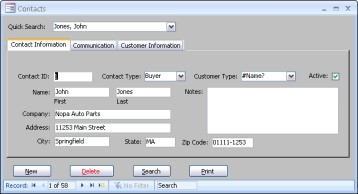 The Access Auto Auctions frmContacts form showing a tabbed dialog box and values used with the tblContacts table